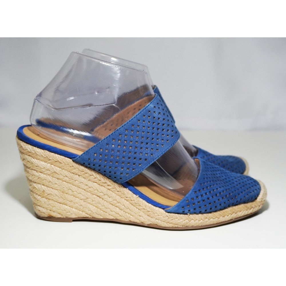 Franco Sarto Blue Suede Espadrille Strap Wedges Womens US 9M Perforated Slip On - Picture 2 of 7